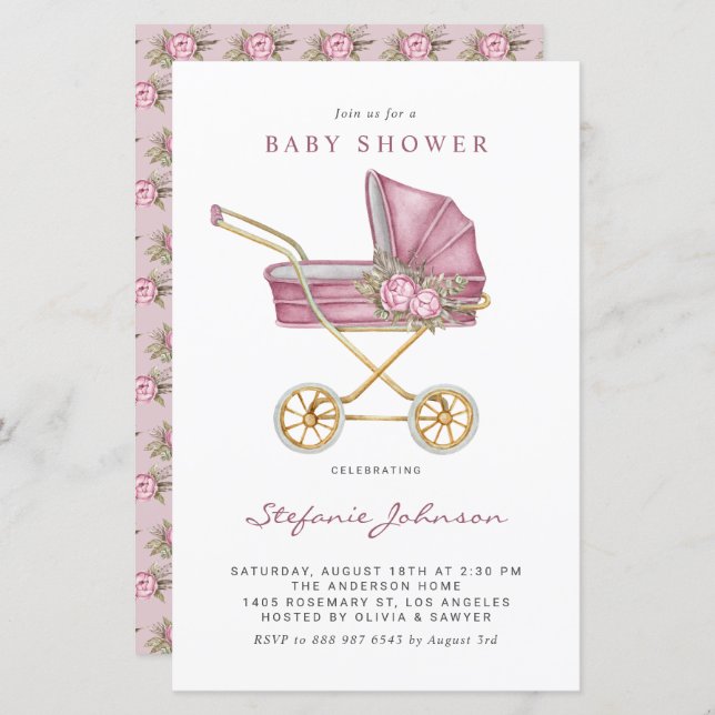 Rosa Vintage Kinderdusche Einladung (Vorne/Hinten)