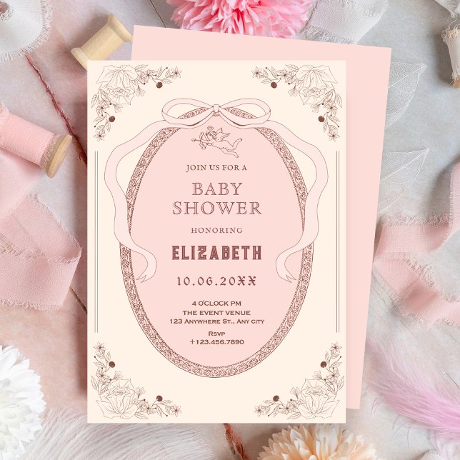 Rosa Vintage klassische Romantische Babydusche Einladung (Von Creator hochgeladen)