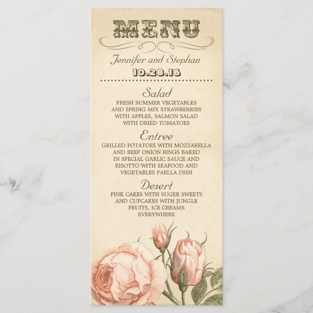 Rosa Vintage Rose elegante Hochzeitskarte Menükarte (Vorderseite)