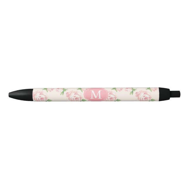 Rosa Vintage Rose Muster Mit Monogramm Kugelschreiber (Vorderseite)