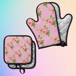 Rosa Vintage Rose Ofenhandschuh & Topflappen-Set