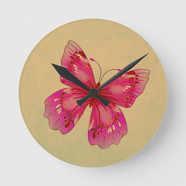 Rosa Vintage Schmetterlingskunst Runde Wanduhr (Vorderseite)