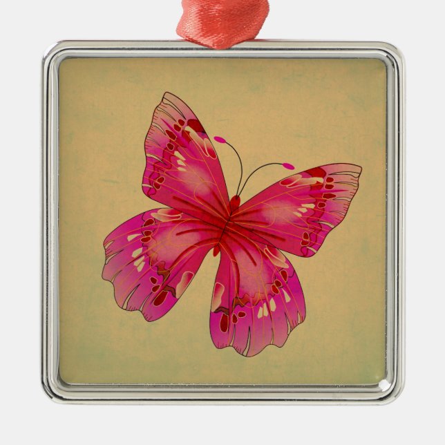 Rosa Vintage Schmetterlingskunst Silbernes Ornament (Vorne)