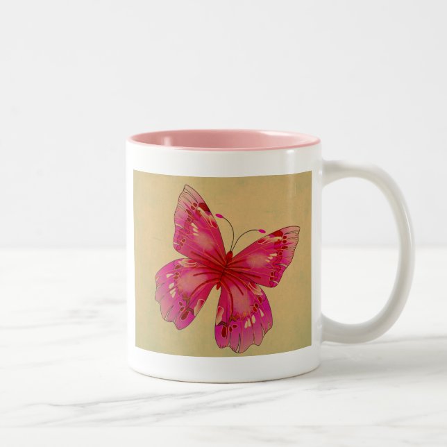 Rosa Vintage Schmetterlingskunst Zweifarbige Tasse (Rechts)