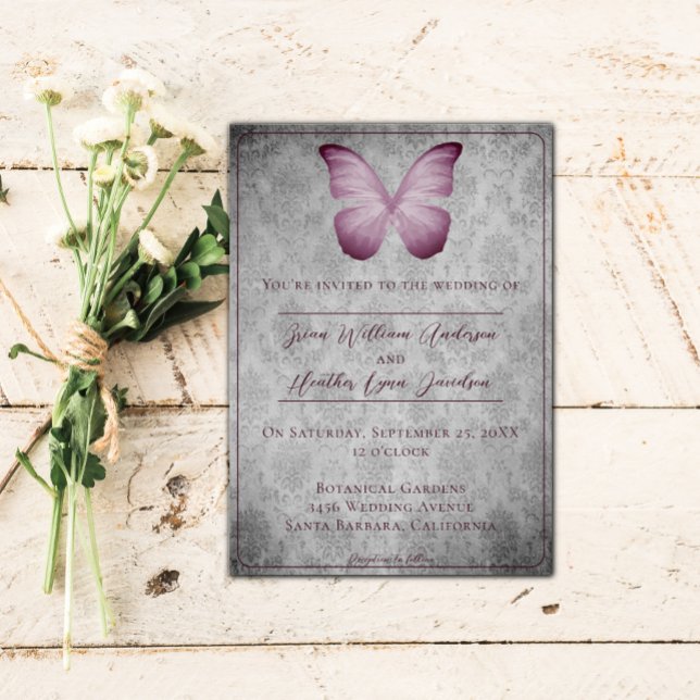 Rosa Vintage Schmetterlingsmaske Einladung (Pink Vintage Butterfly Damask Wedding Invitation)