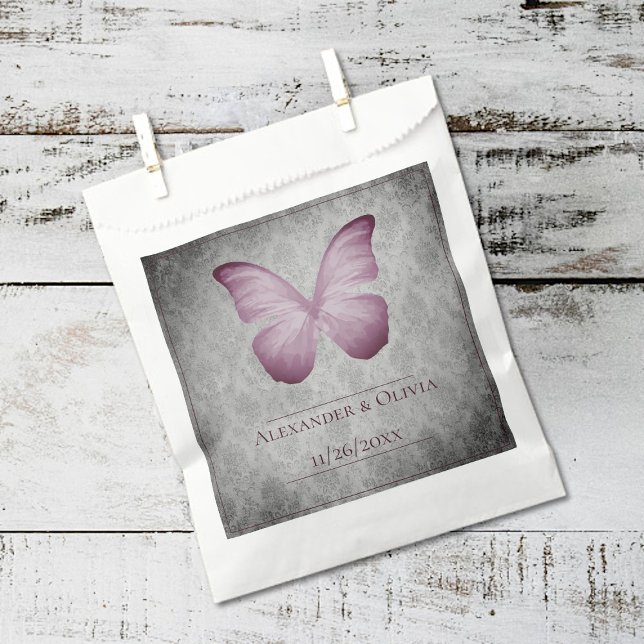 Rosa Vintage Schmetterlingsmaske Geschenktütchen (Pink Vintage Butterfly Damask Wedding Favor Bags)