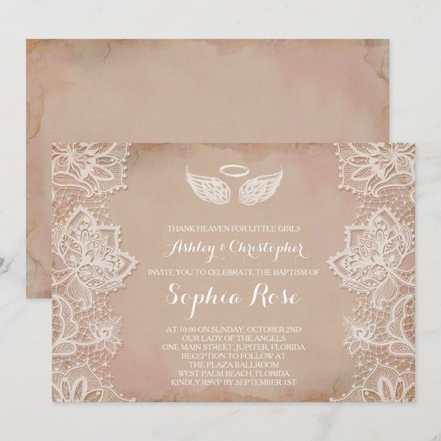 Rosa Vintage Spitze Religiöse Einladung (Vorne/Hinten)