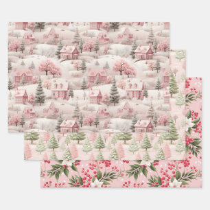Rosa Vintage-Weihnachtsferien Winter Schnee Geschenkpapier Set
