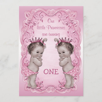 Rosa Vintager 1. Geburtstag Prinzessin-Twins Einladung
