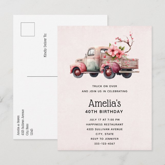Rosa Vintager Bauer Truck Geburtstag Einladungspostkarte (Vorne/Hinten)