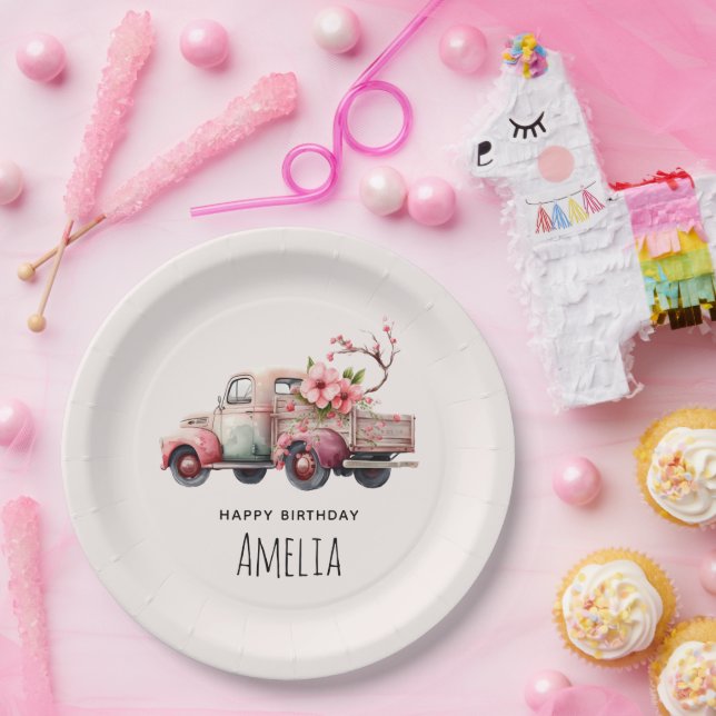 Rosa Vintager Bauer Truck Geburtstag Pappteller (Party)