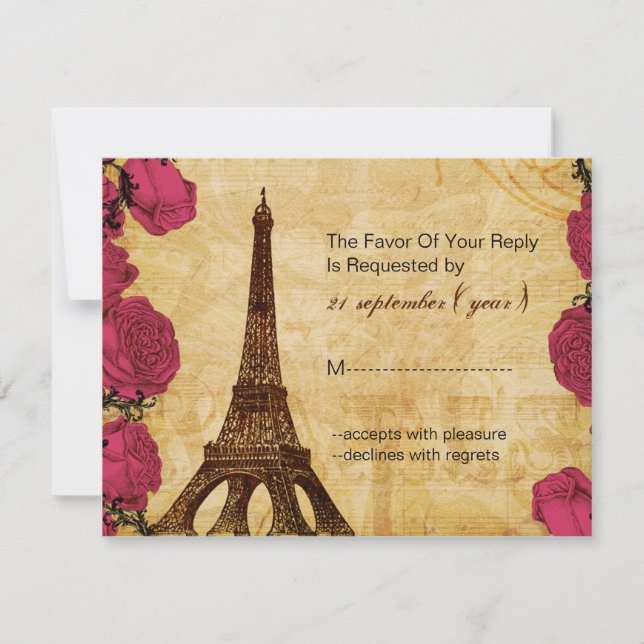 Rosa Vintager Eiffelturm Paris Hochzeit Rsvp (Vorderseite)