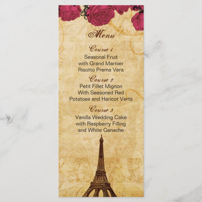 Rosa Vintager Eiffelturm Pariser Hochzeitskarte Menükarte (Vorderseite)