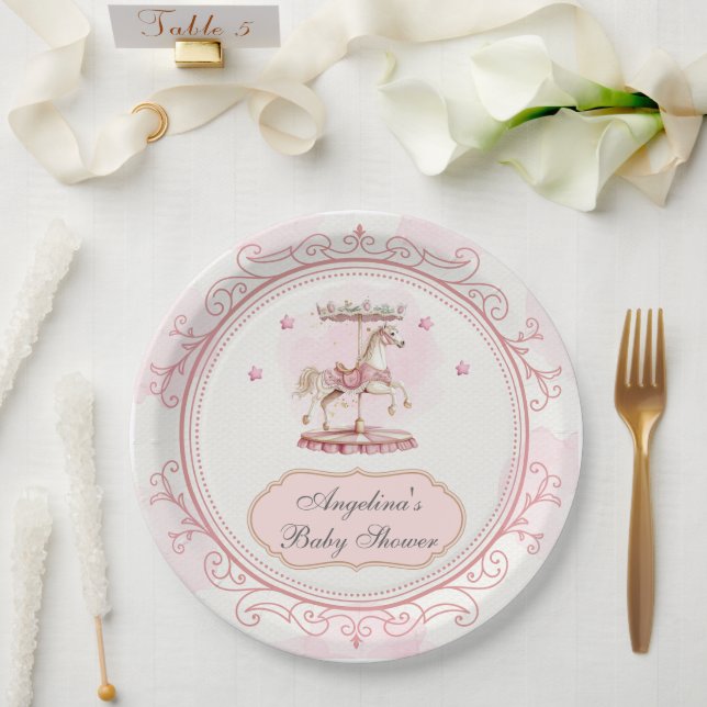 Rosa Vintages Karussell - Babydusche Große Platte Pappteller (Hochzeit)