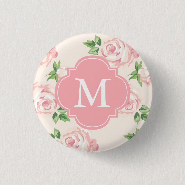 Rosa Vintages Rosen-Muster mit Monogramm Button (Vorderseite)