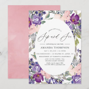 Rosa, Violett und Pflaume Blumen Sip and See Einladung