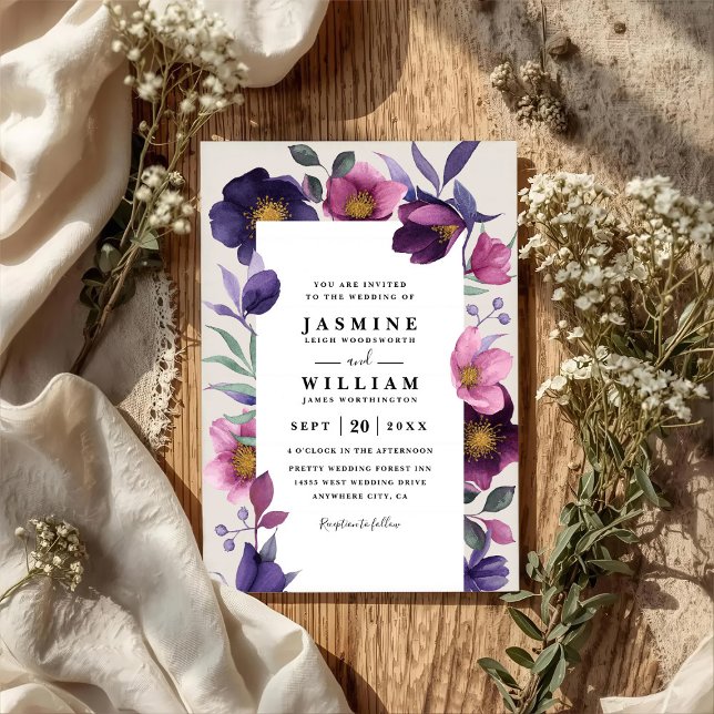 Rosa violette Blumen elegante moderne QR-Code-Hoch Einladung (Von Creator hochgeladen)