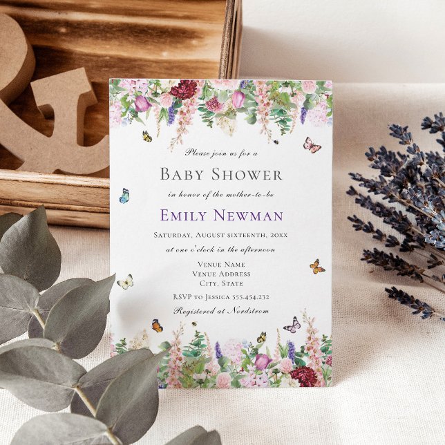 Rosa violette Blumen mit Schmetterlingsdusche Einladung (Von Creator hochgeladen)