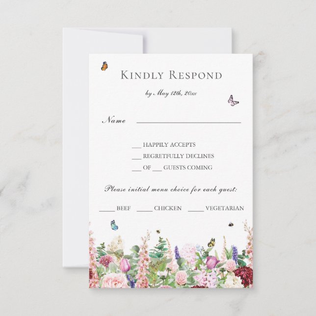 Rosa violette Blumen mit Schmetterlingsspeisen UAW RSVP Karte (Vorderseite)