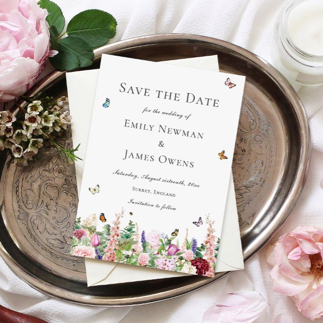 Rosa violette Blumen und Schmetterlinge Save the D Save The Date (Von Creator hochgeladen)
