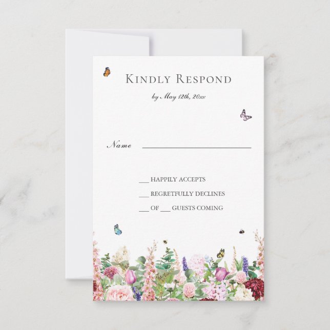 Rosa violette Blüten mit Schmetterlingsblumen RSVP Karte (Vorderseite)