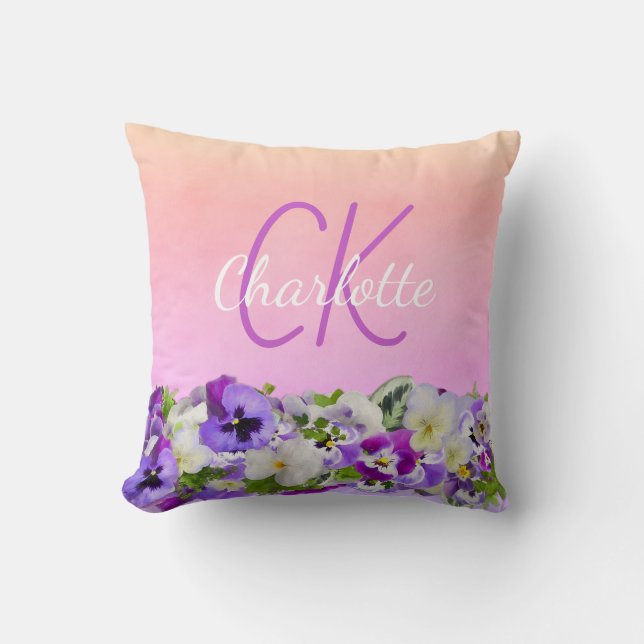 Rosa violette Blütenbezeichnung Monogramm-Skript Kissen (Vorderseite)