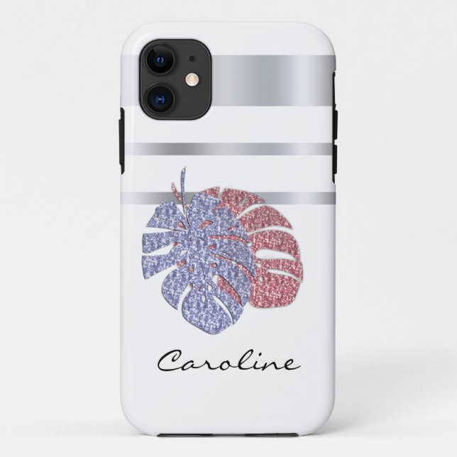 Rosa violette Glitzer glänzen Monstera tropische B Case-Mate iPhone Hülle (Rückseite)