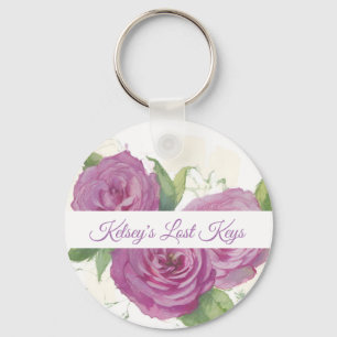 Rosa, violette Rose auf cremefarbenen, personalisi Schlüsselanhänger