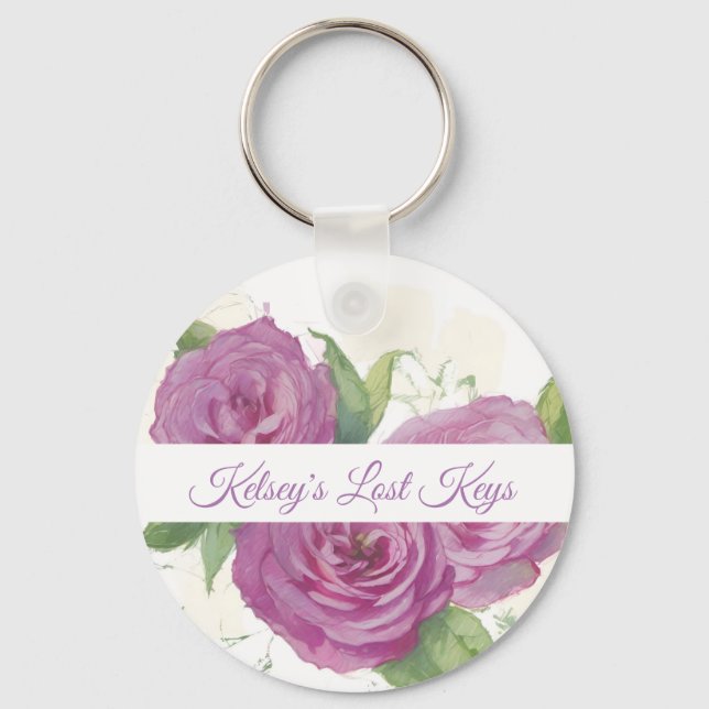 Rosa, violette Rose auf cremefarbenen, personalisi Schlüsselanhänger (Vorderseite)