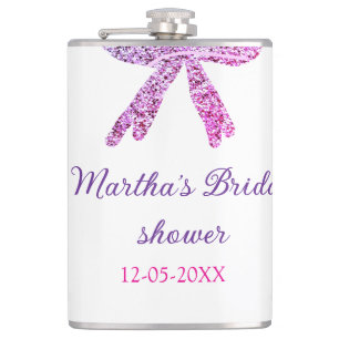 Rosa violette Schleife Glitter Brautparty Name Flachmann
