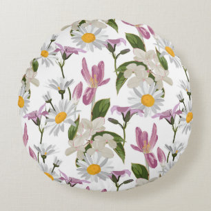 Rosa violette tropische Margerite und Lilien Wildb Rundes Kissen