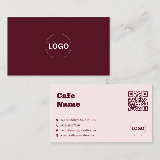 Rosa Visitenkarte für Coffeeshops mit QR-Code (Vorne/Hinten)
