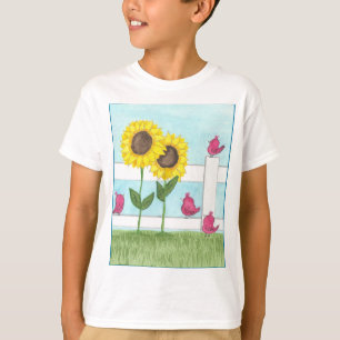 Rosa Vögel & Sonnenblumen Kinder T-Shirt