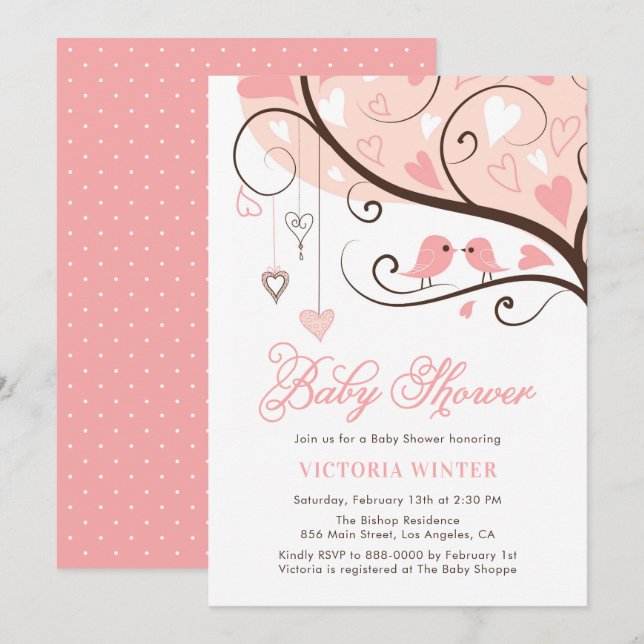 Rosa Vögel und Heartstrings Babydusche Einladung (Vorne/Hinten)