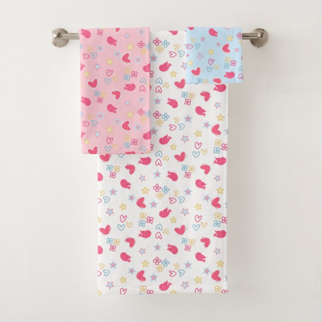 Rosa Vögel und Liebe Herz Badhandtuch Set (Insitu)