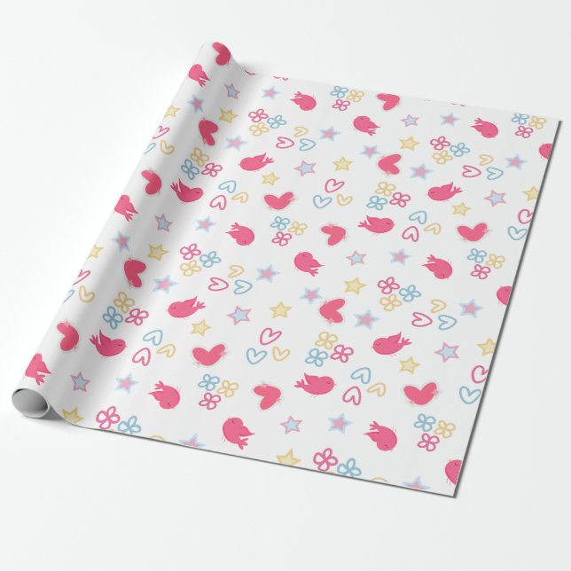 Rosa Vögel und Liebe Herz Geschenkpapier (Ungerollt)