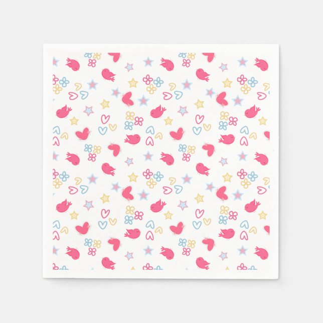 Rosa Vögel und Liebe Herz Serviette (Vorderseite)