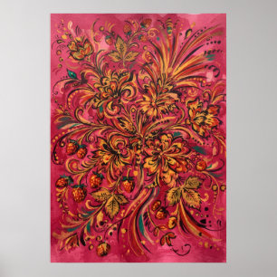 Rosa Volkskunst Blumen Erdbeere Poster