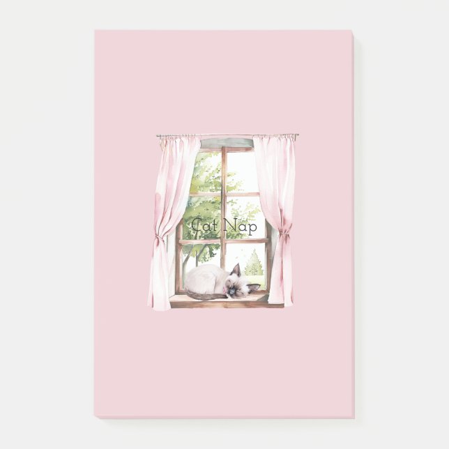 Rosa Vorhänge Katze Schlummer Fenster Post-it Klebezettel (Vorderseite)