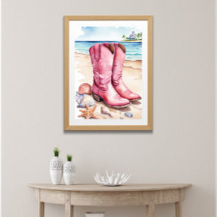 Rosa Vornehme Küsten-Cowgirl-Stiefel Sand Ozean St Poster