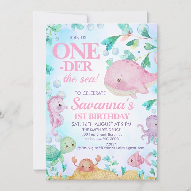 Rosa Wal Eins der Meereskreaturen 1. Geburtstag Einladung (Vorderseite)
