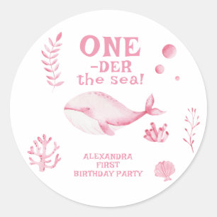Rosa Wal unter dem Meer 1. Geburtstag  Runder Aufkleber