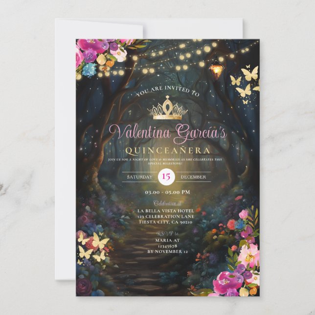 Rosa Wälder Quinceañera 15 Anos Blume Gold Einladung (Vorderseite)