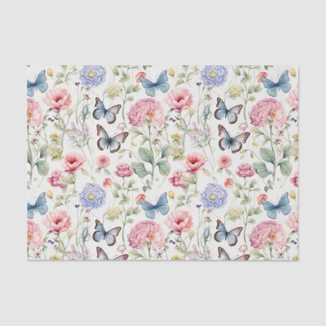 Rosa Waldschmetterlinge und Blume Dekoupage Seidenpapier (Vorderseite)