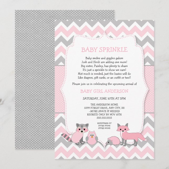 Rosa Waldtierbaby besprühen, Babyparty Einladung (Vorne/Hinten)
