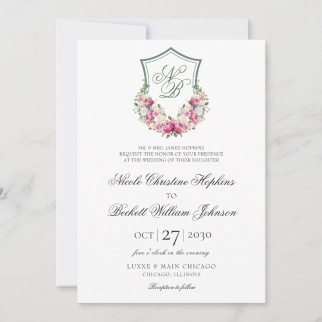 Rosa Wappen Hochzeit Einladung (Vorderseite)