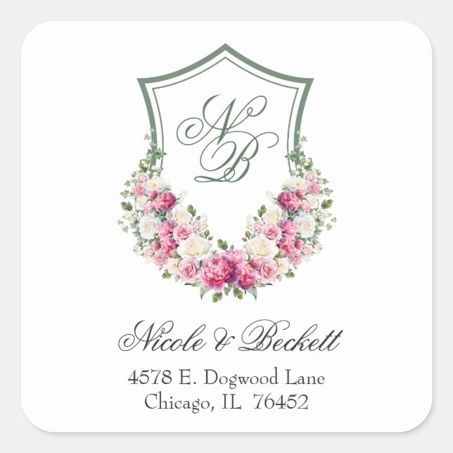 Rosa Wappen Hochzeit Rücksendeadresse Quadratischer Aufkleber (Vorderseite)