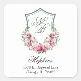 Rosa Wappen Hochzeit Rücksendeadresse Quadratischer Aufkleber