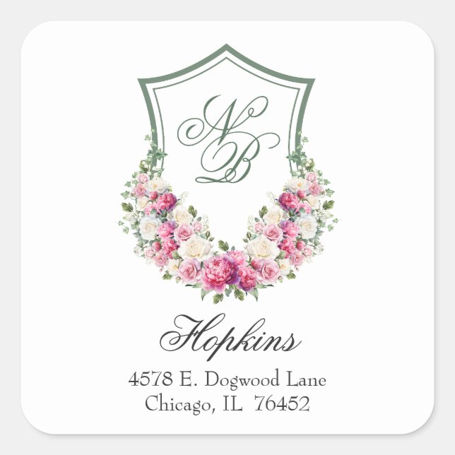 Rosa Wappen Hochzeit Rücksendeadresse Quadratischer Aufkleber (Vorderseite)