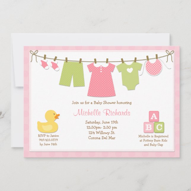 Rosa Wäscherei-Babyparty-Einladung Einladung (Vorderseite)